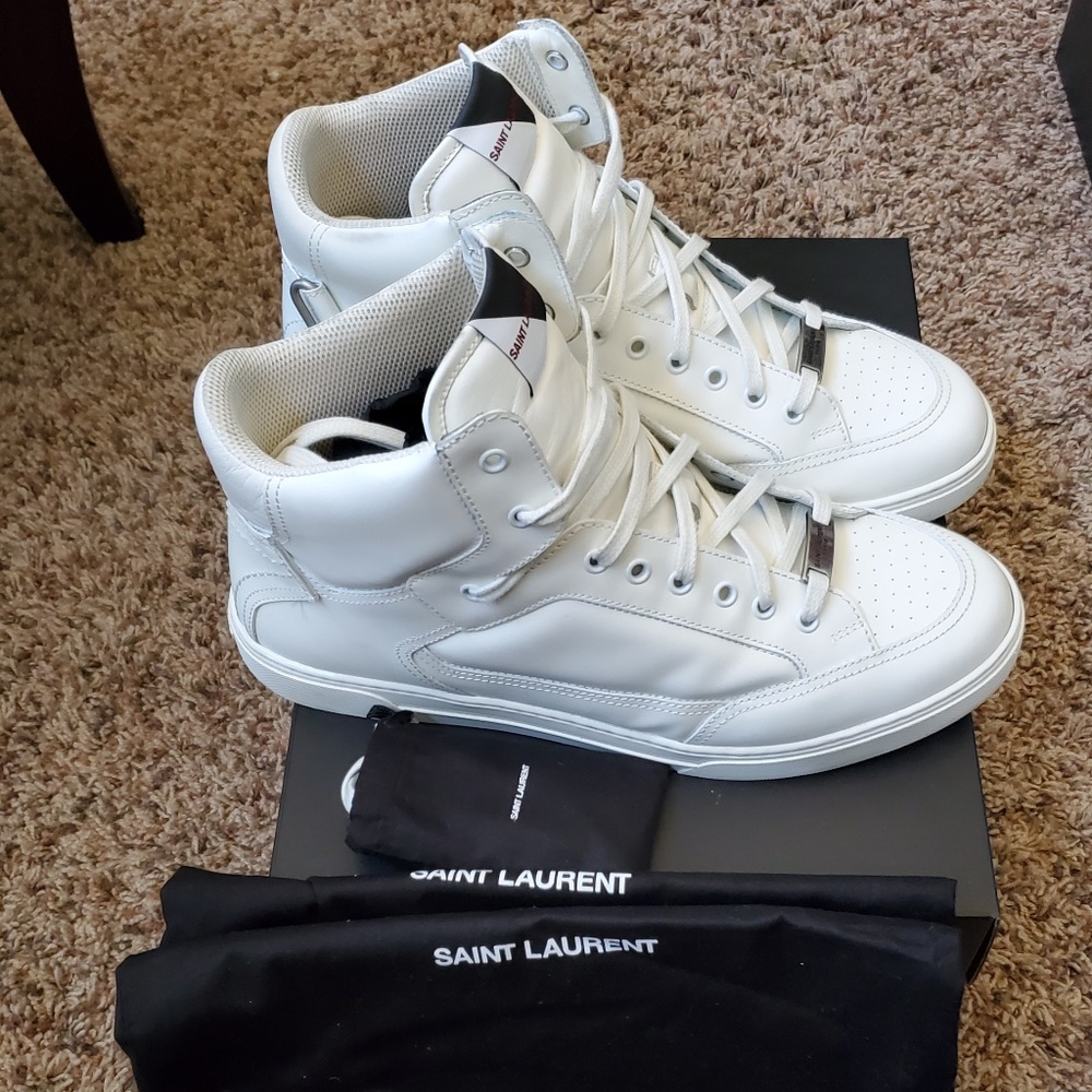 Saint Laurent White Leather Hi Top "Smoking Forever" Sneaker 485184  Size 45 /12